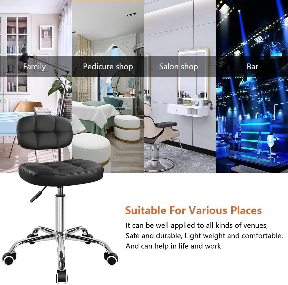 Office Chair Leather Rolling Stool W/ Swivel Wheels W/ Backrest Black Home