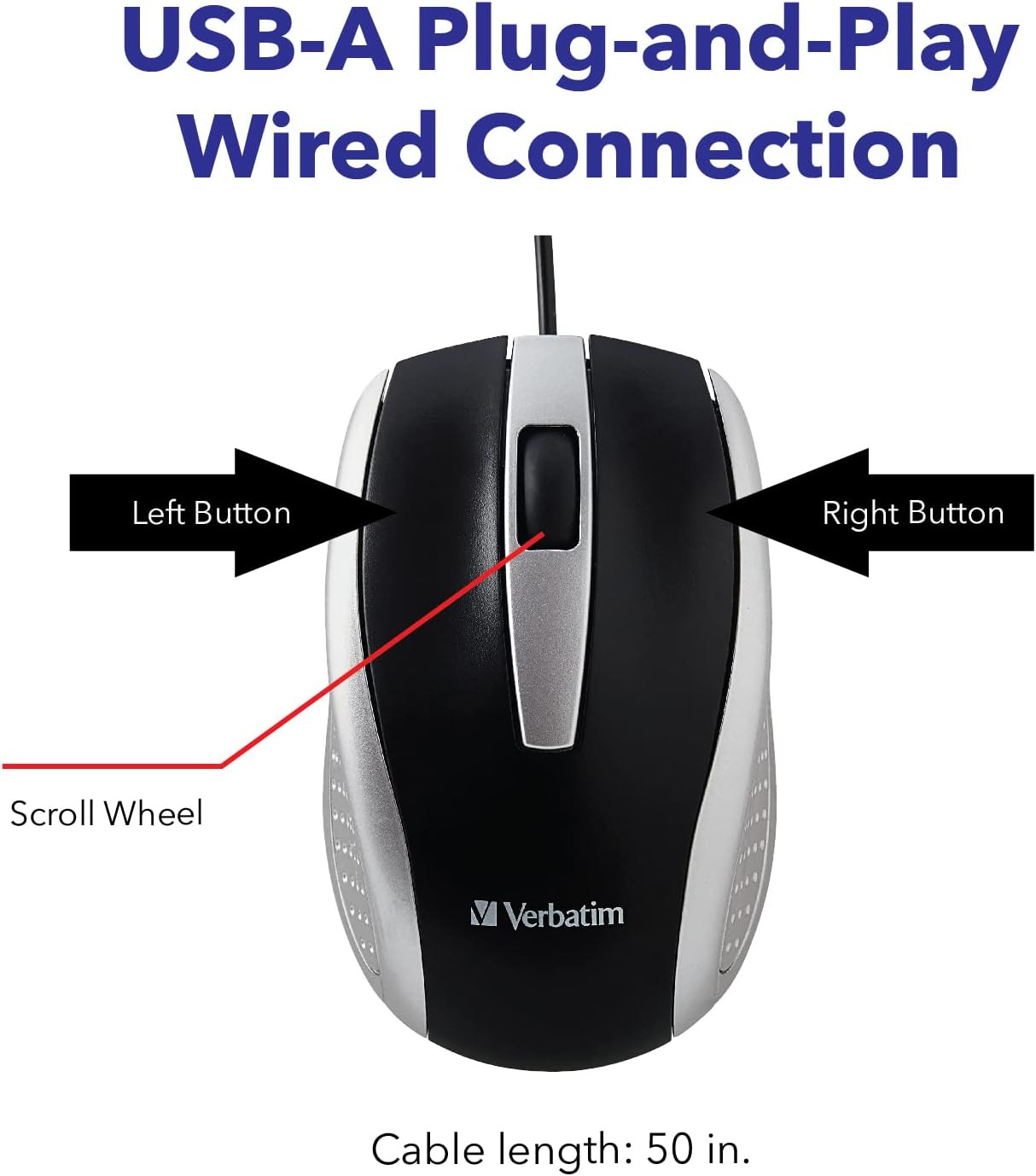 Wired USB Computer Mouse - Corded USB Mouse for Laptops and PCs - Right or Left