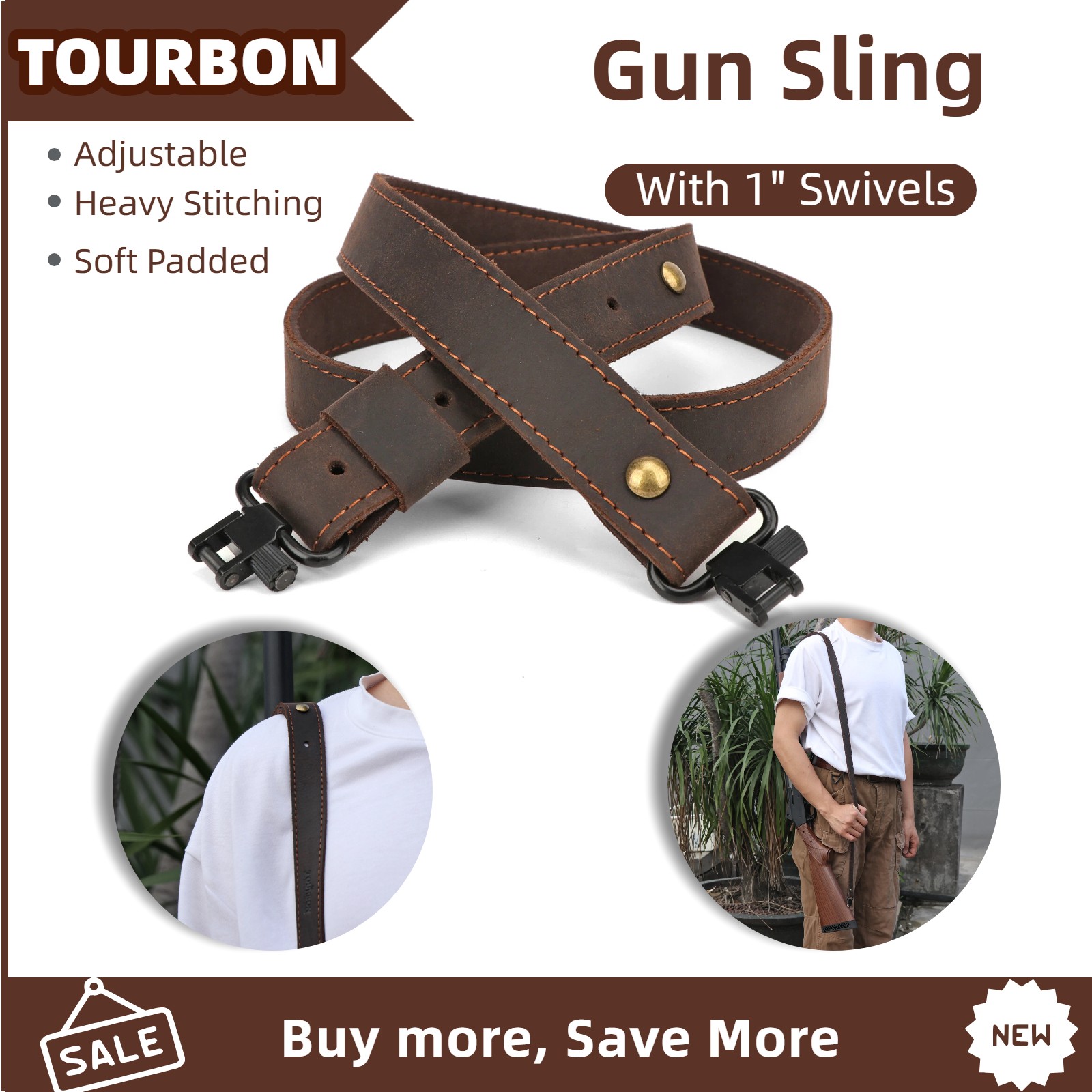 Tourbon Leather Rifle Sling with 1" Swivels Padded Adjustable Hunting Strap NEW