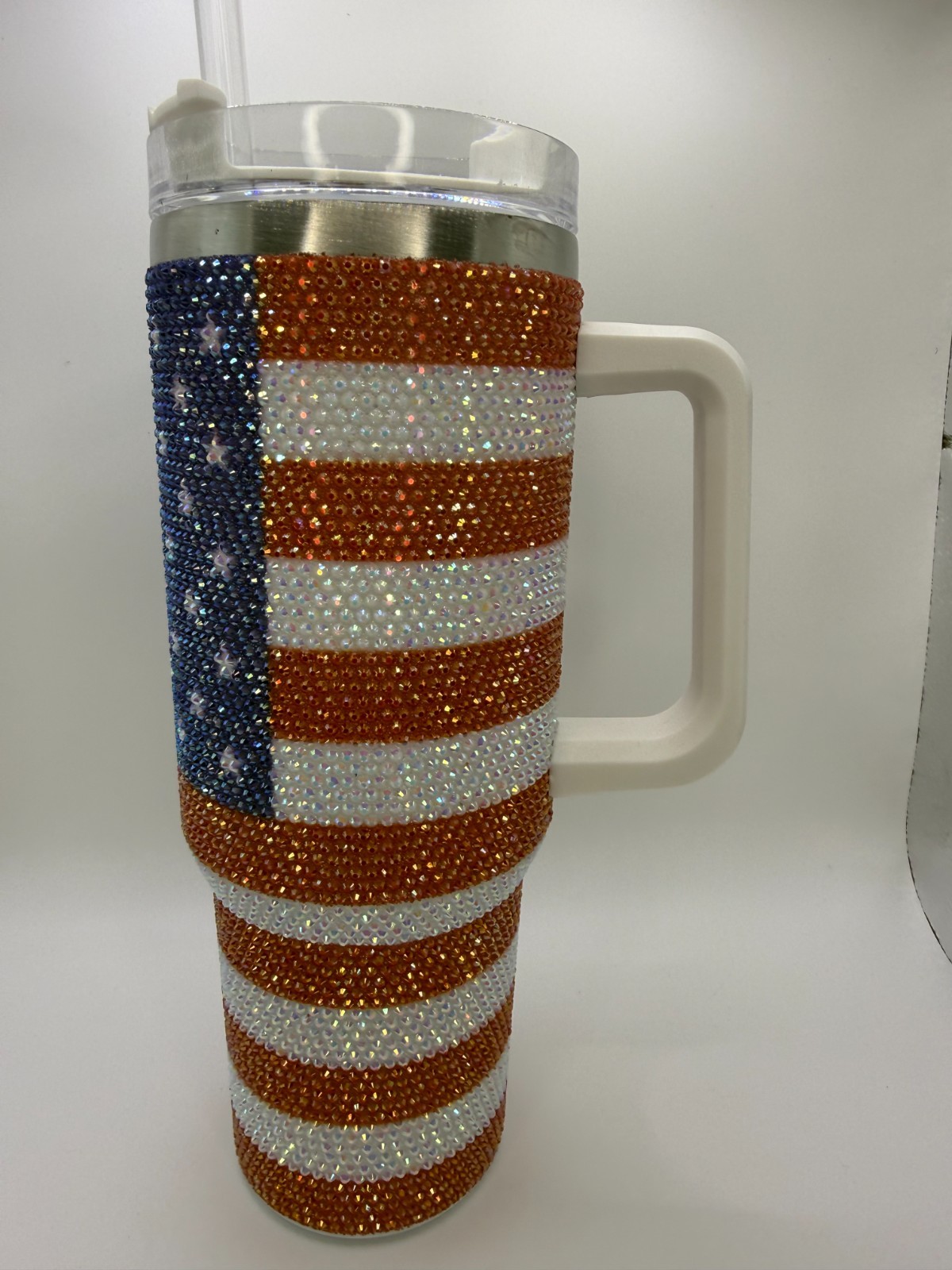 Rhinestone American Flag Tumbler With Handle & Lid 40 Oz Insulated Stainless