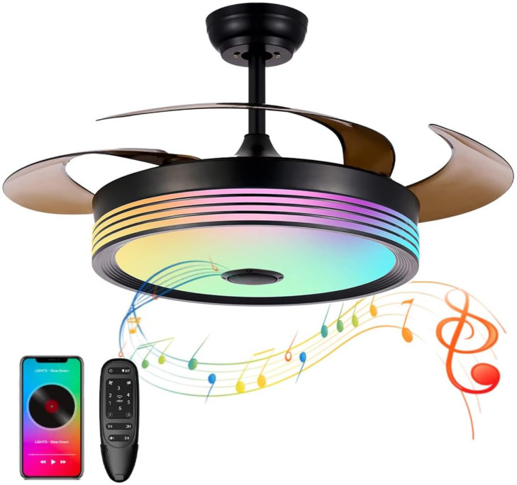 Ventilador Techo Retráctil 42'' LED RGB Bluetooth Regulable 6 Velocidades Negro