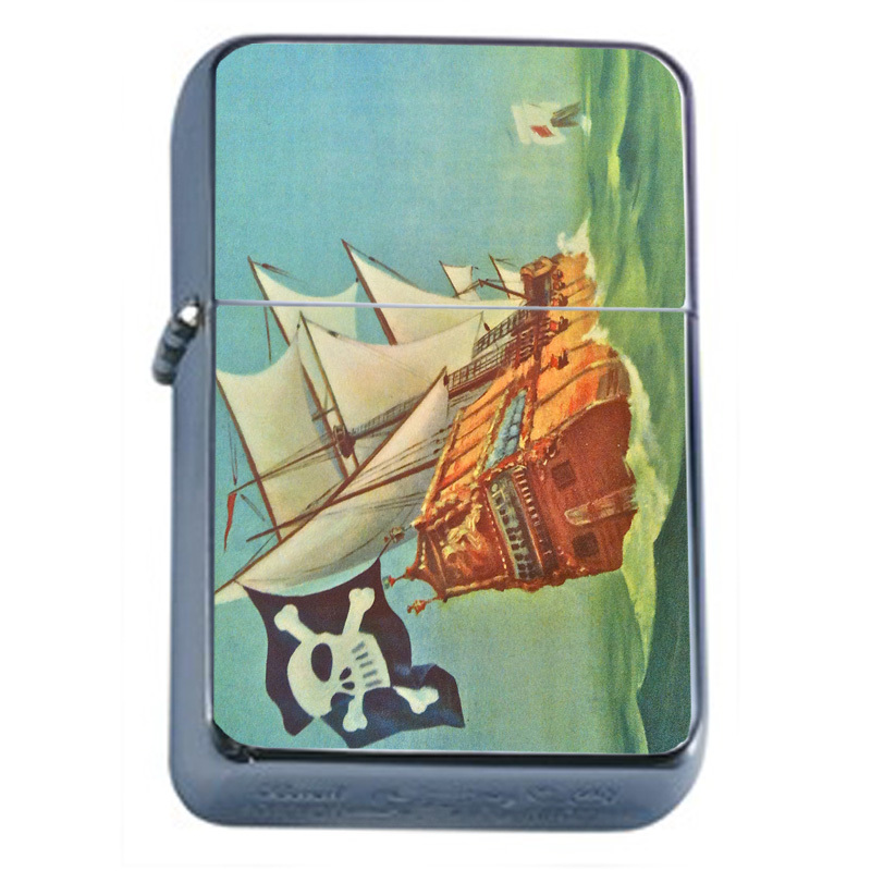 Vintage Pirate Ship D4 Flip Top Oil Lighter Wind Resistant Flame