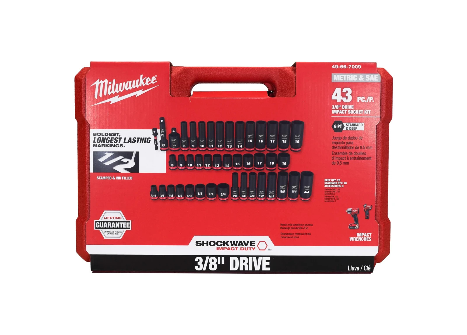Milwaukee 49-66-7009 3/8 In Drive Impact Socket Set, Metric, Sae, 43 Pc.