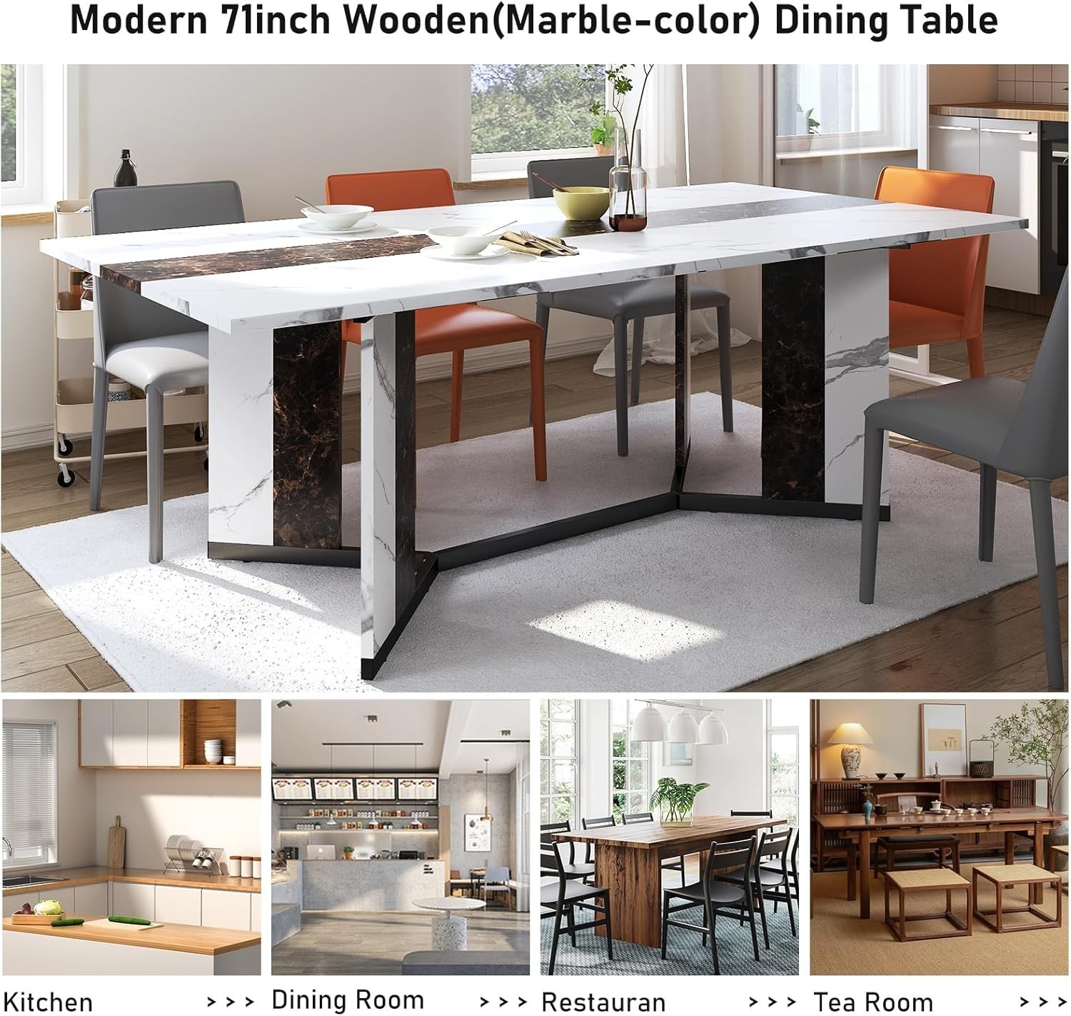70Inch Large Dining Table for 4 6 People,Wooden Rectangular Kitchen Table W/Wate