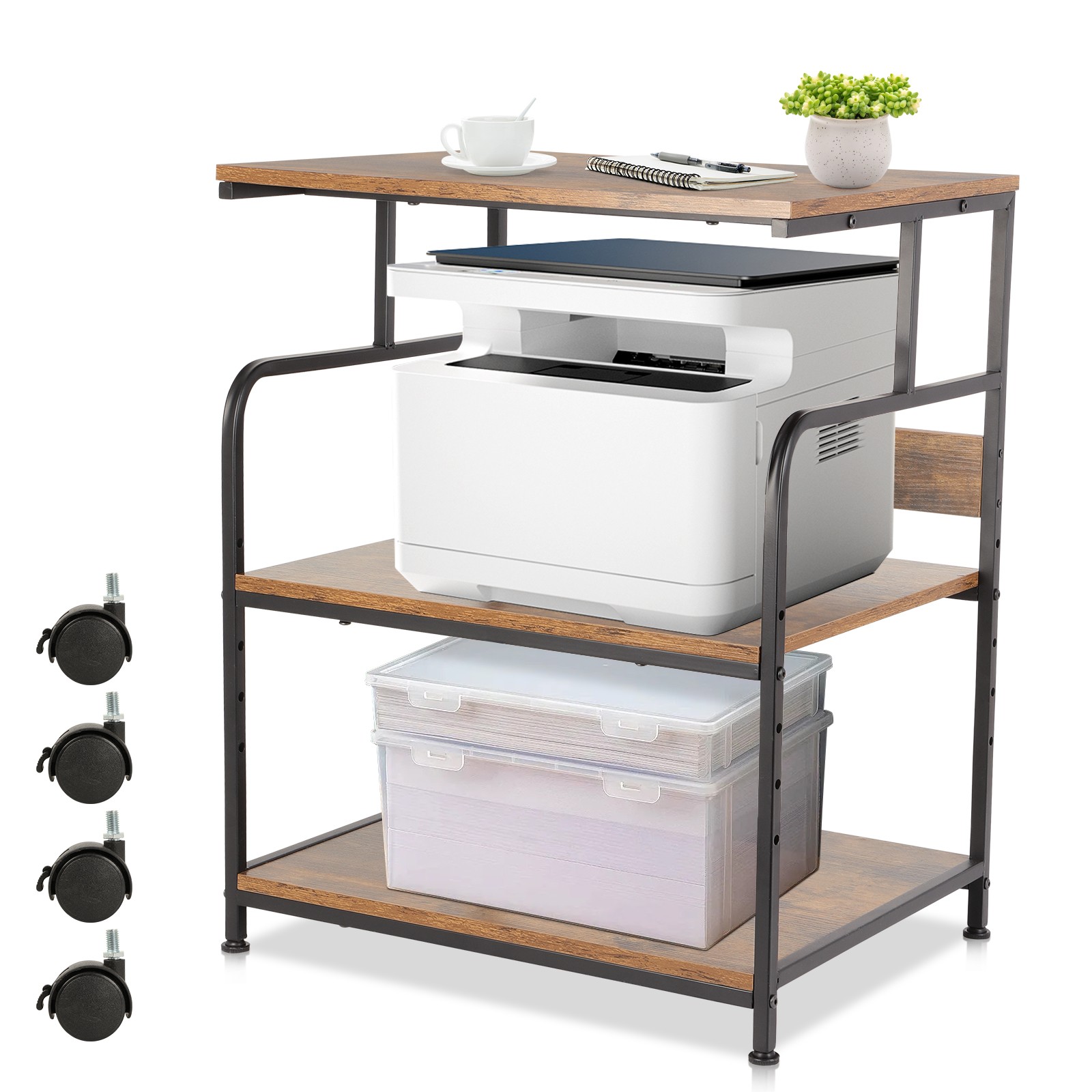 Printer Stand, 3 Tier Printer Stand with Height Adjustable Storage Shelf, Brown