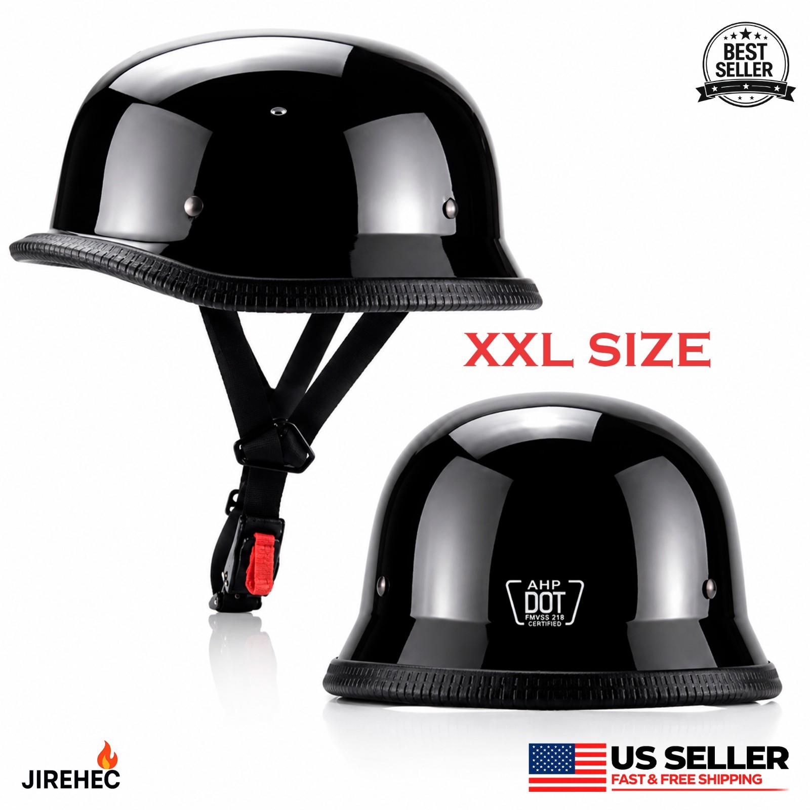 DOT German Motorcycle Half Helmet Scooter Chopper Helmet Casco Glossy Black, XXL