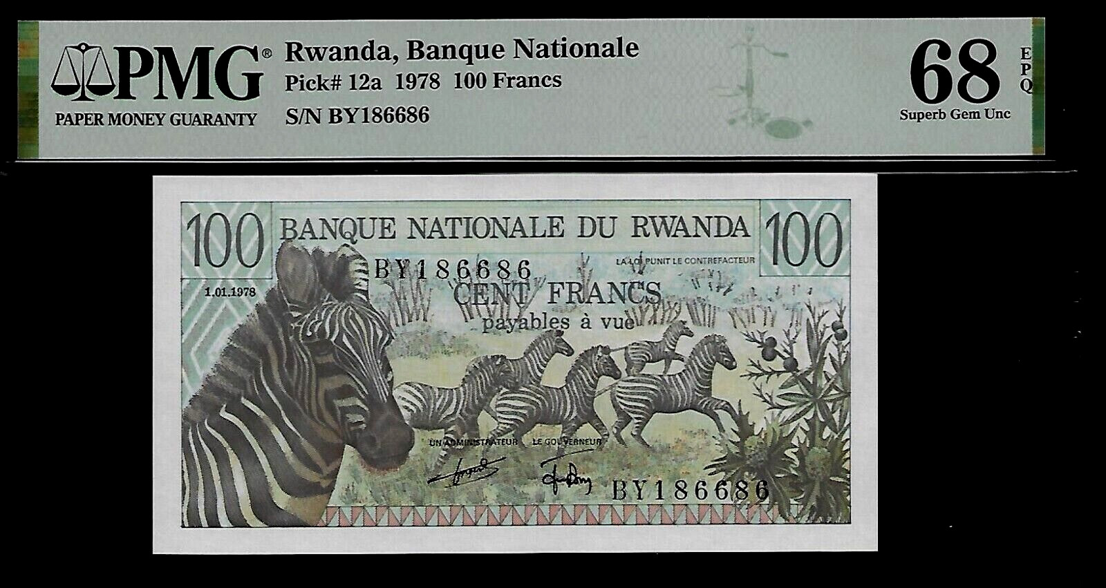 Rwanda 100 Francs 1978 PMG 68 EPQ UNC Pick # 12a Series BY