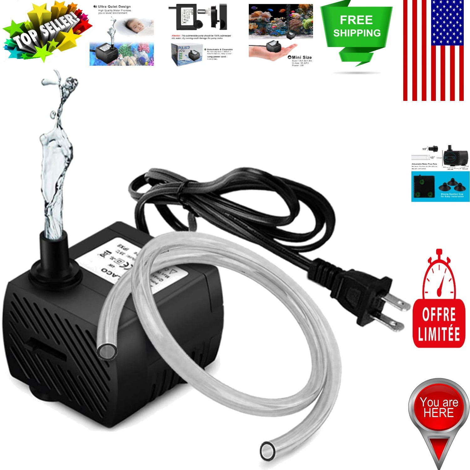 Compact 95 GPH Submersible Water Pump with 3.3 ft Tubing for Ponds & Aquariums