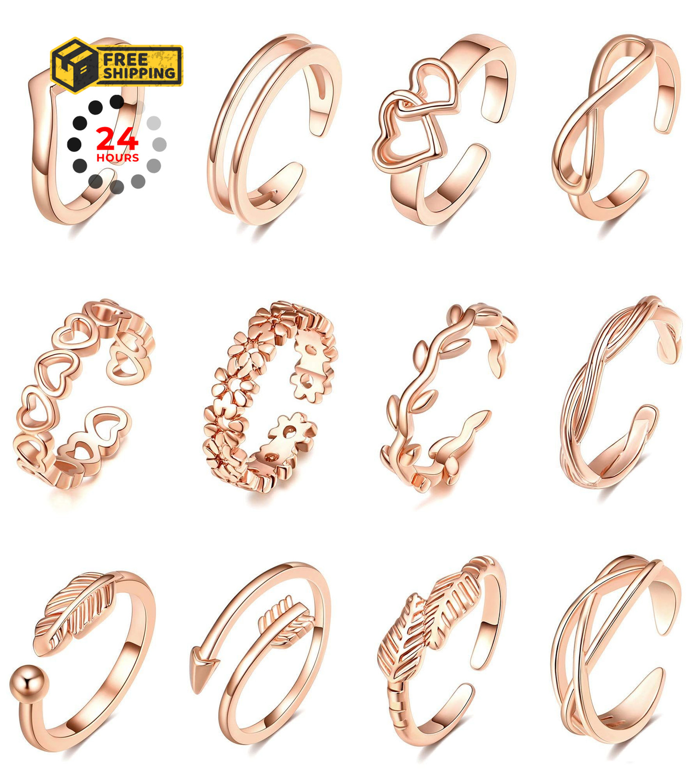 TOBENY 12PCS 14K Gold Plated Adjustable Toe Rings for Adjustable, C-Rose