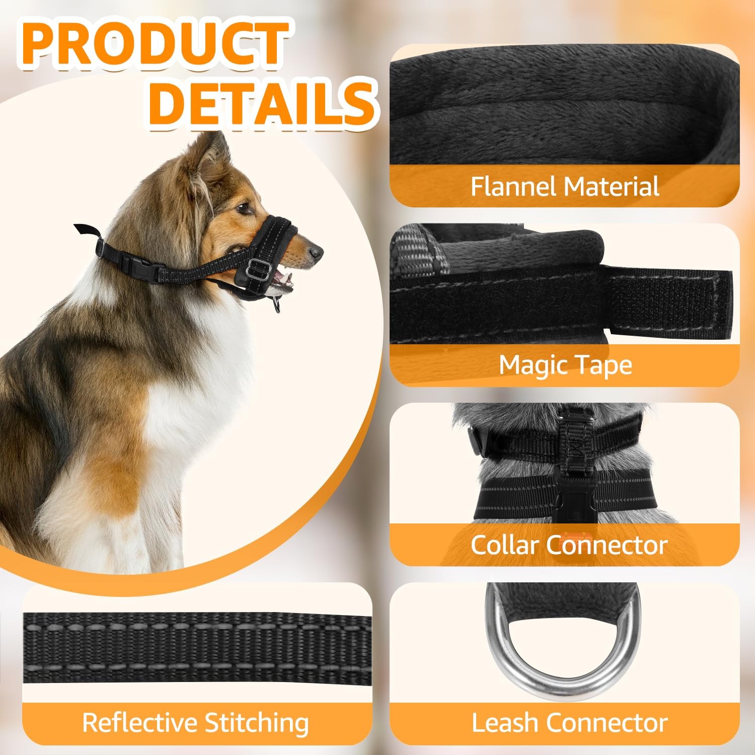 M-Size Soft Dog Muzzle Adjustable Padded Nylon for Chewing Barking Black