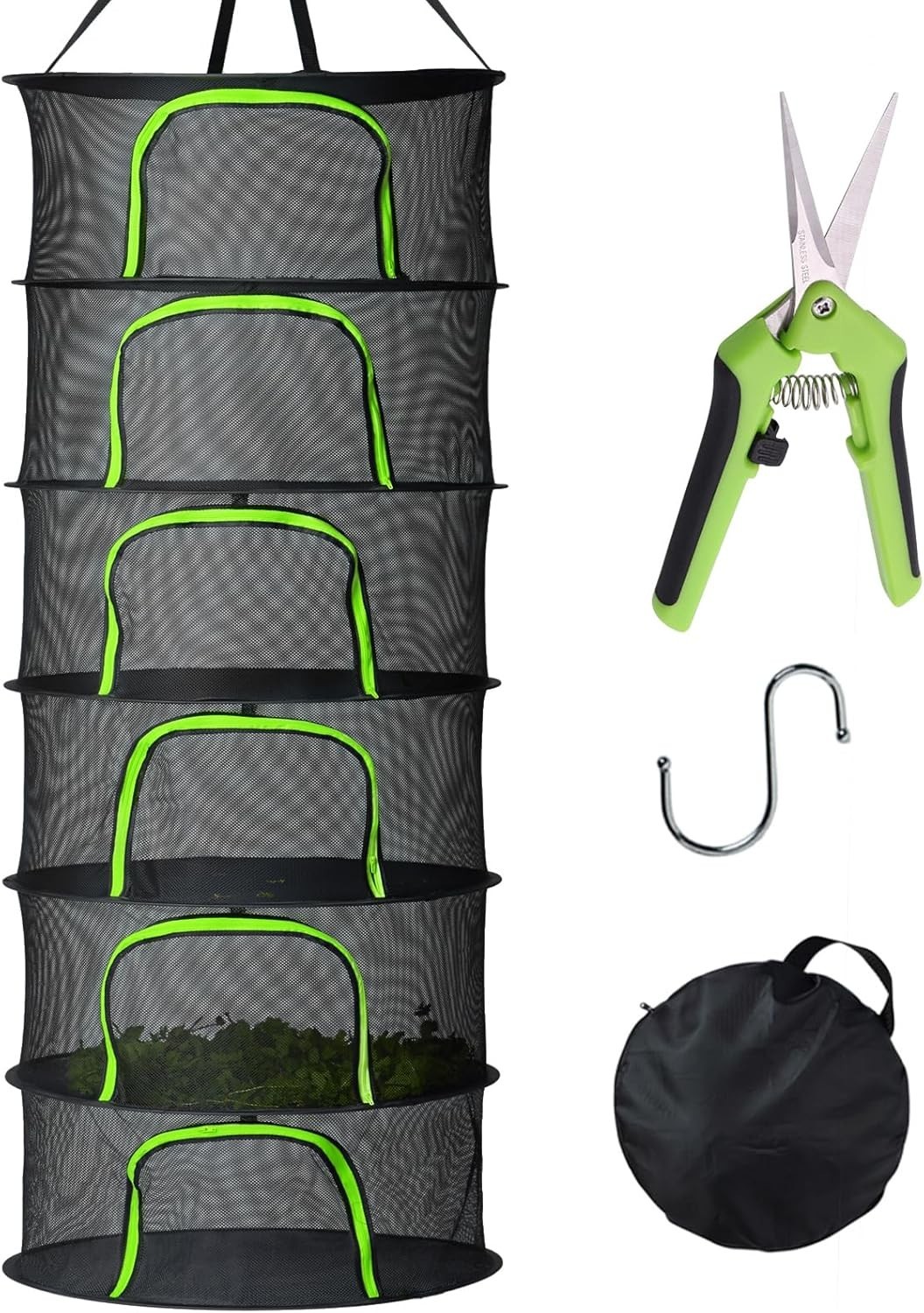 YOBAZAN 2ft 6 Layer Hanging Herb Foldable Drying Net Rack Mesh  with Zippers