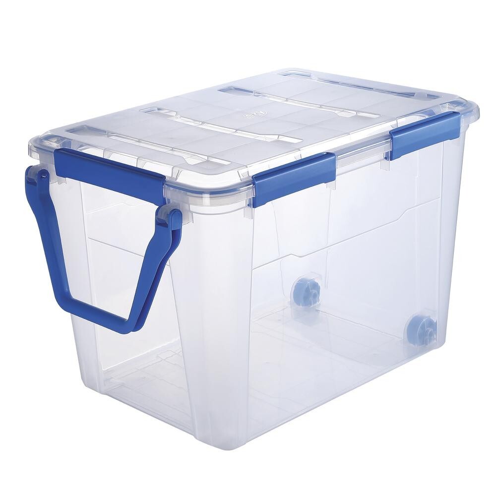 106 Quart Waterproof Clear Blue Clasps Latching Gasket Storage Tote w/ Wheels