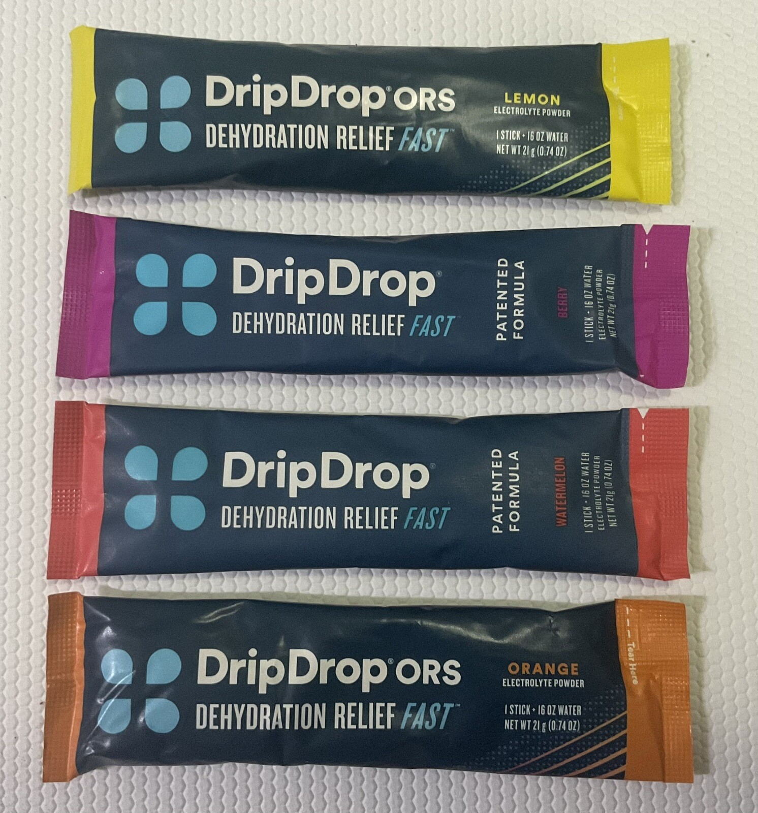 48 COUNT DripDrop Hydration Powder Sticks, 4 FLAVORS. EACH MAKES 16 Ozs, NOT 8 !