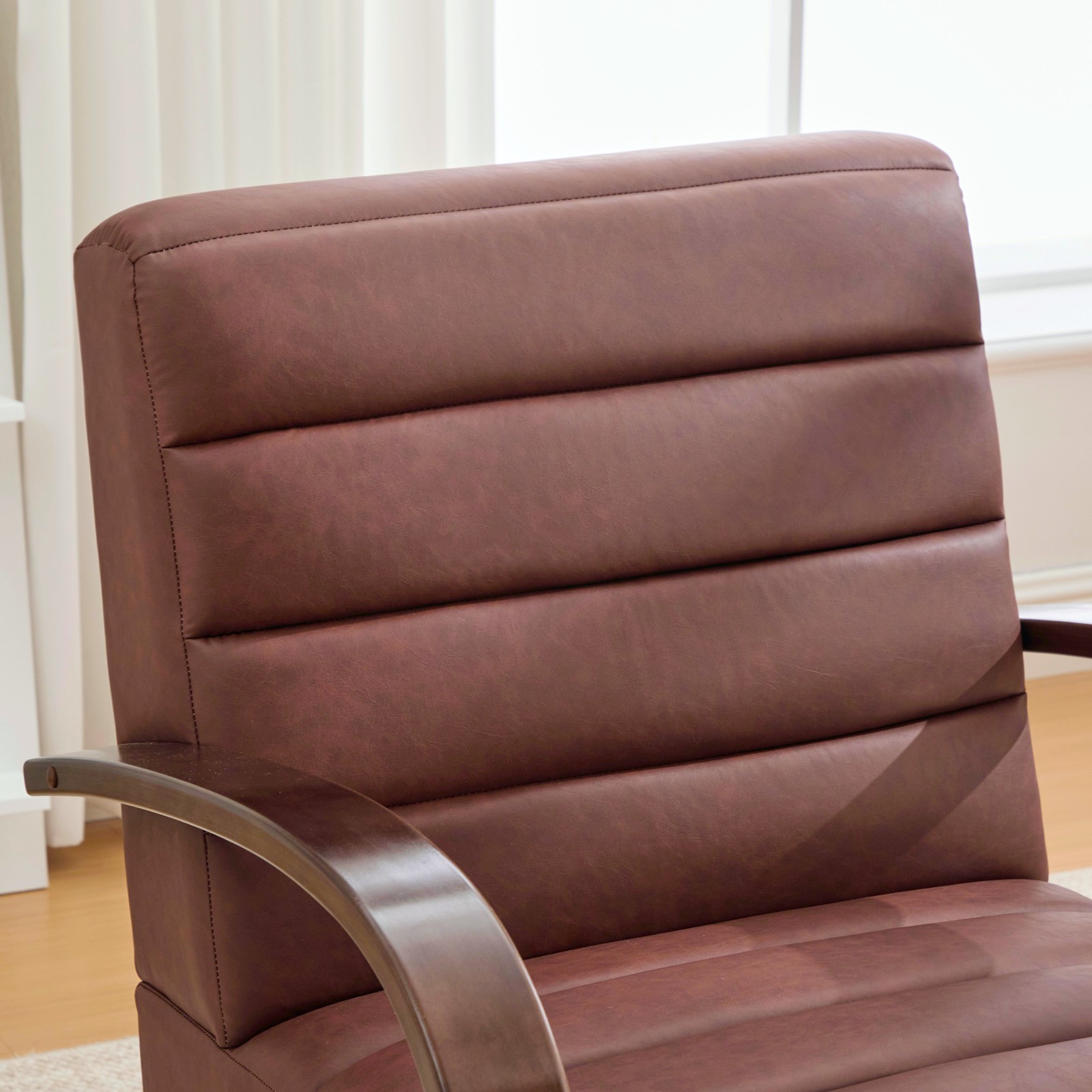 360° Swivel Accent Chair, Tufted with Wood Armrests, Brown