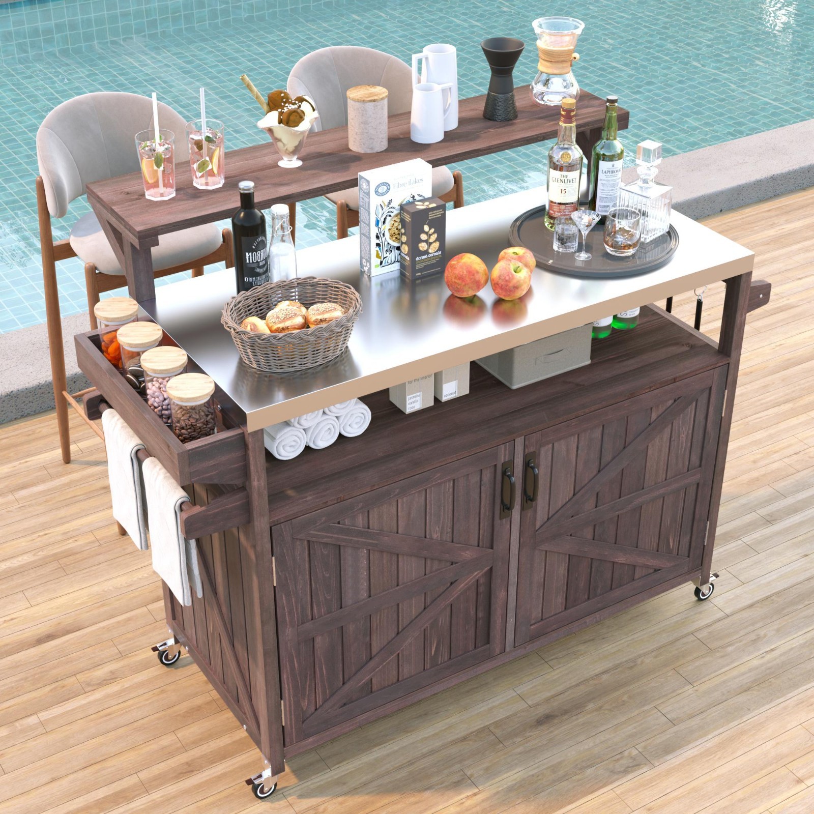 53.3" Outdoor Kitchen Island with Raised Shelf,Internal Storage Rack,Spice Rack