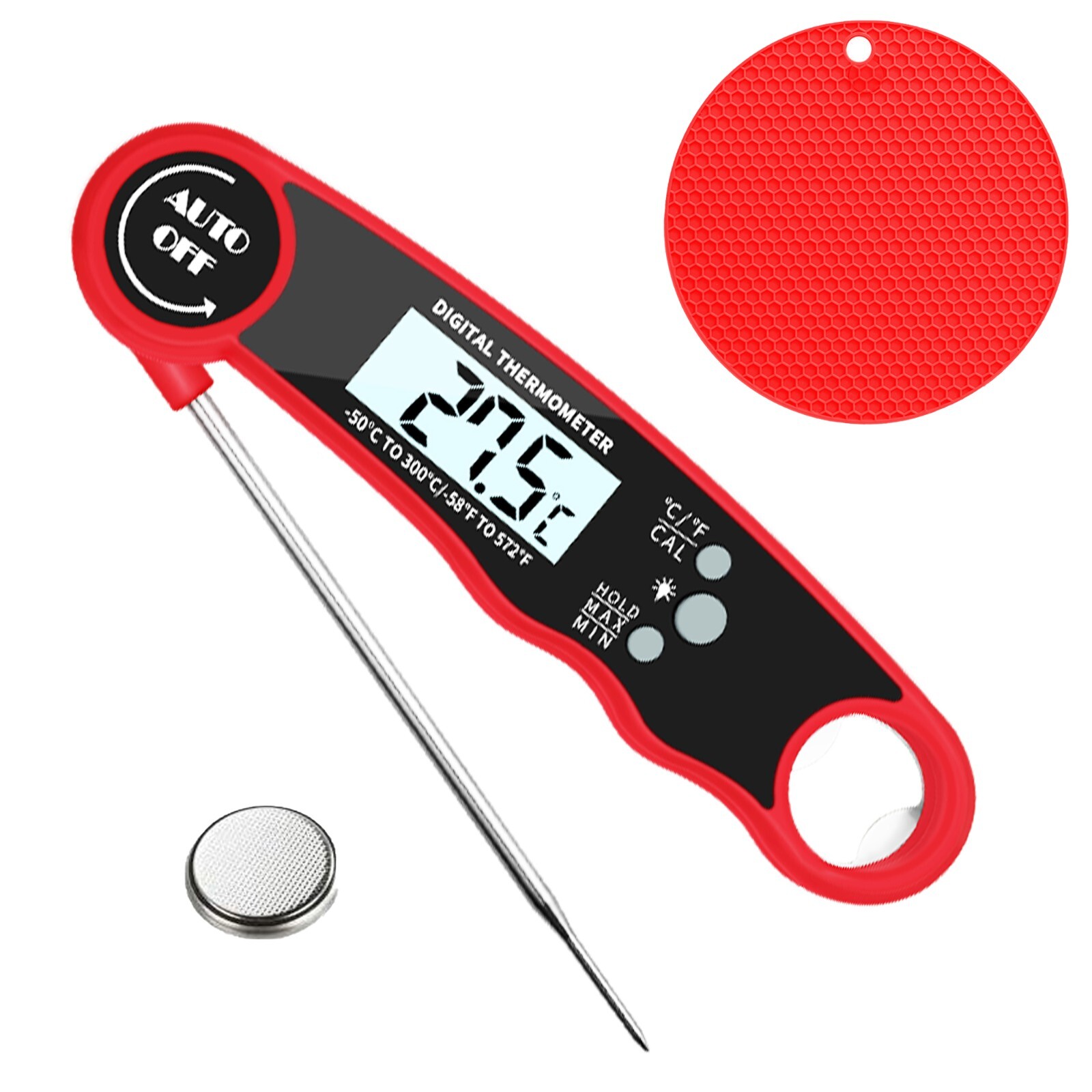 Instant Digital Meat Thermometer - Backlit, Magnetic, Bottle Opener w/ Silicone