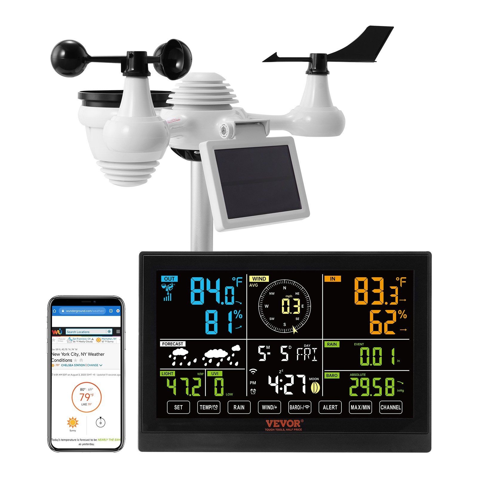 VEVOR 7-in-1 Wi-Fi Weather Station, 7.5 in Color Display, Home Weather Station I