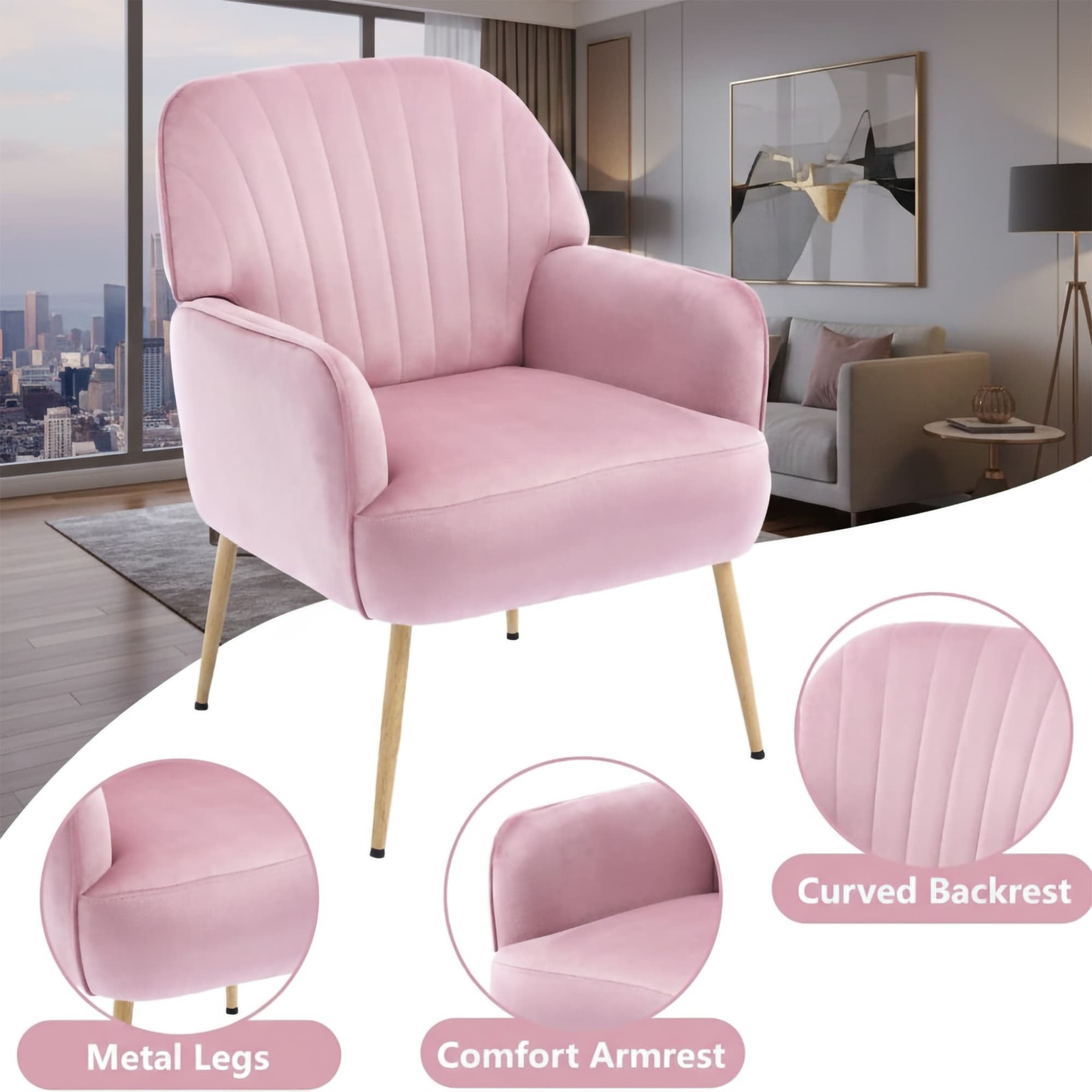 Modern Upholstered Pink Velvet Accent Chair Metal Legs Armchair for Bedroom