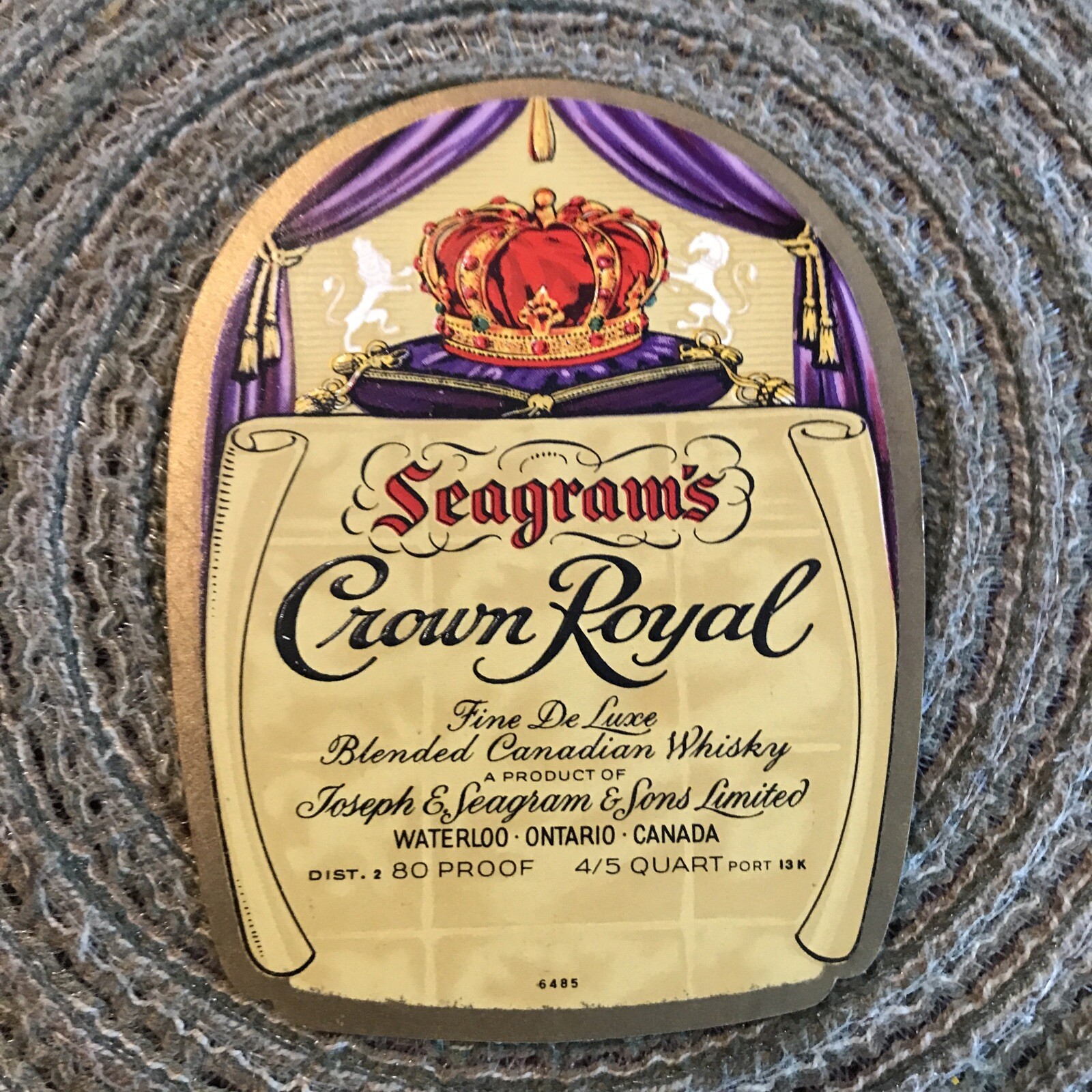One (1) Antique Seagram’s Crown Royal Bottle Label, NO BOTTLE