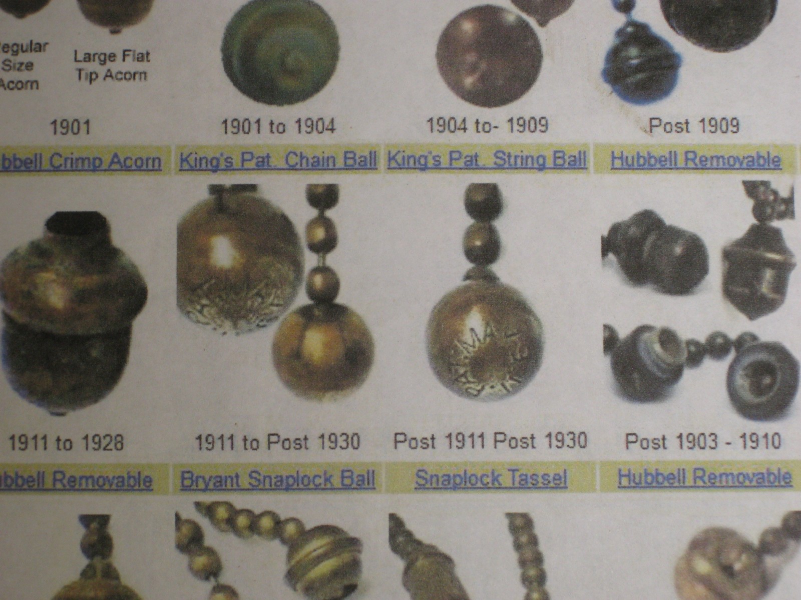 2 RARE "KINGS PAT" Matching Solid Brass Ball Pull Chains-DATED: May 9 1911