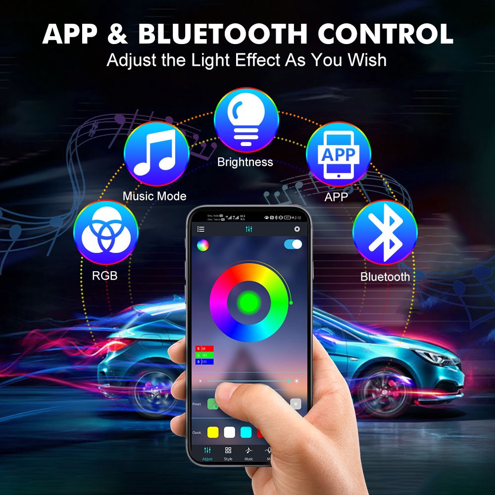 4x RGB 72 LED Car Interior Floor Light Strips USB with Bluetooth APP Control