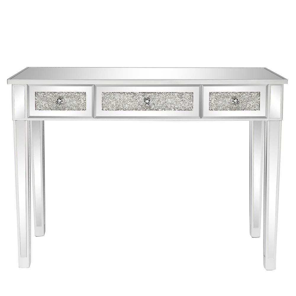 Mirrored Accent Console Table w/ Crushed Diamonds 3-Drawers Vanity Table Dresser