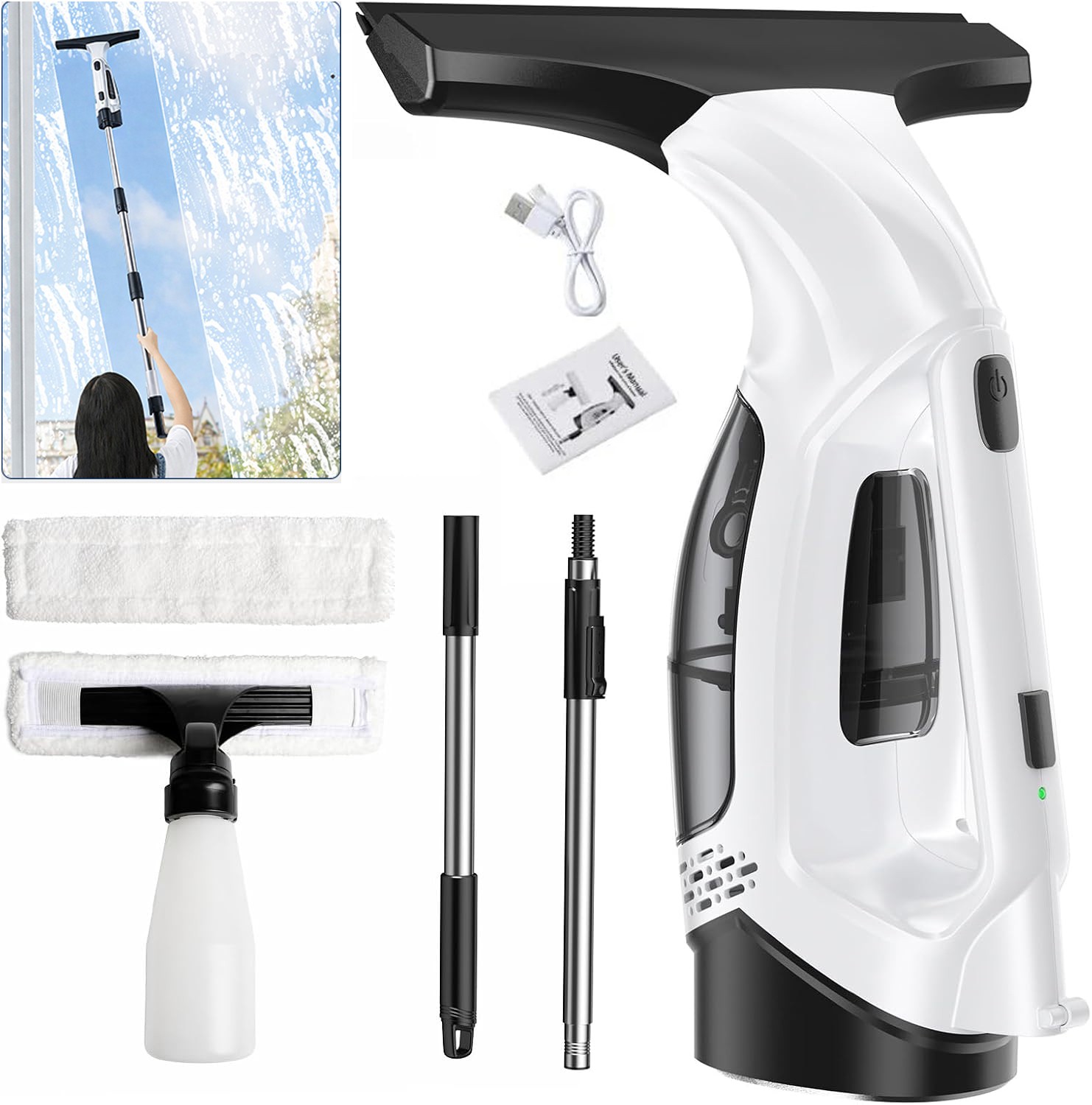 Window Vacuum Squeegee Cordless with Extension Pole,Electric Window Cleaner Tool