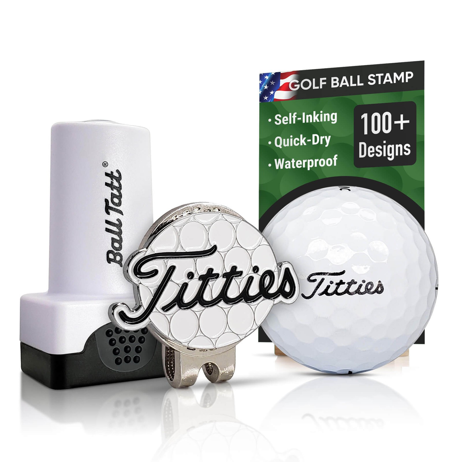 Ball Tatt - Titties Golf Ball Stamp Self-Inking with Hat Clip and XL Ball Marker