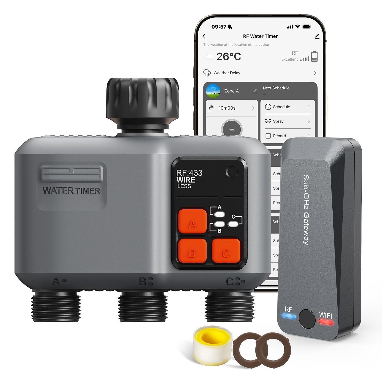 WiFi Sprinkler Timer 3 Zone with 984 FT Range, 3 Outlet Smart Water Timer for...