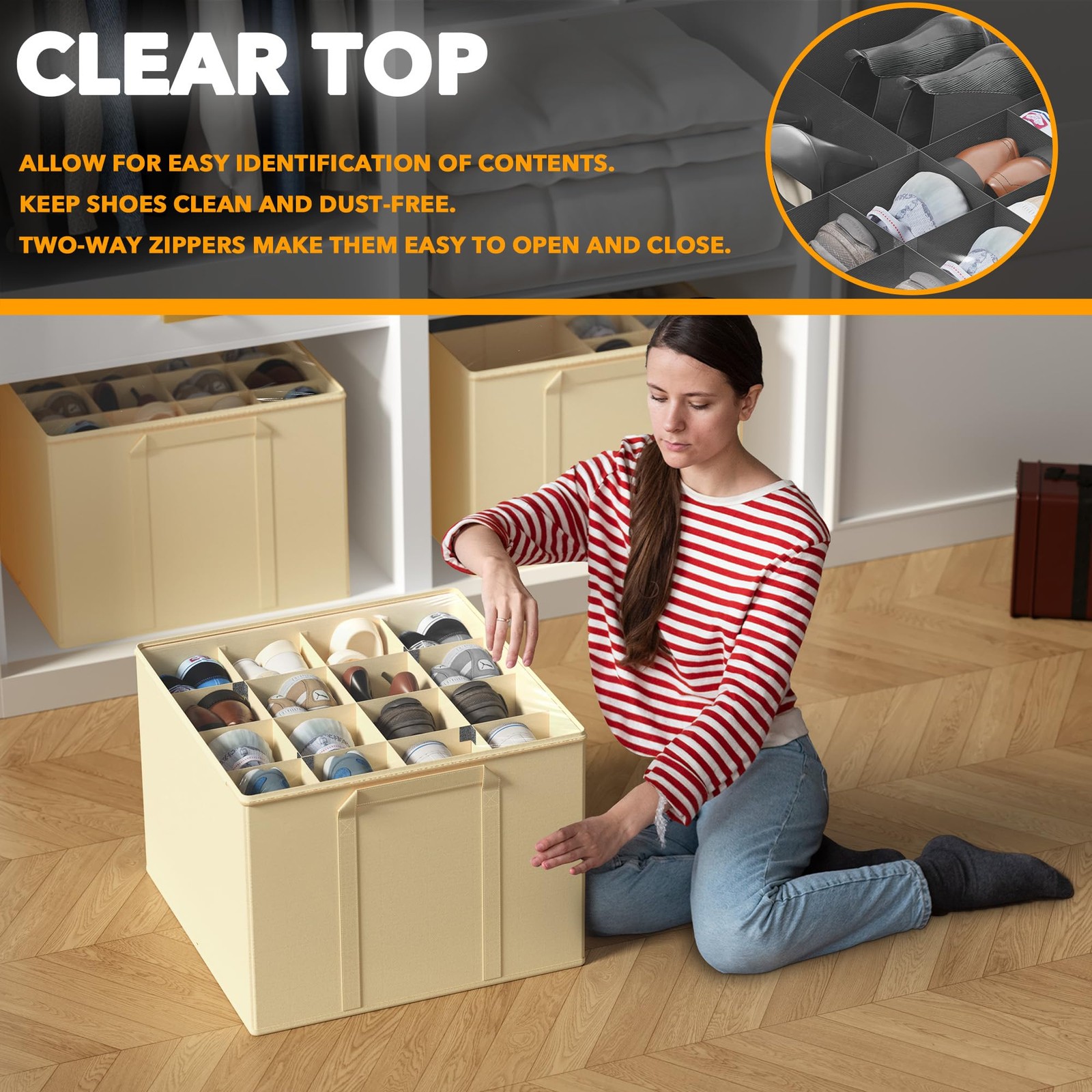 2 Pack Beige Shoe Organizer, Foldable, Dividers, Fits 16-32 Pairs, Bins