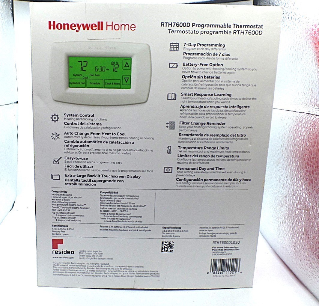 HONEYWELL RTH7600D HOME 7-DAY PROGRAMMABLE THERMOSTAT WITH TOUCHSCREEN DISPLAY