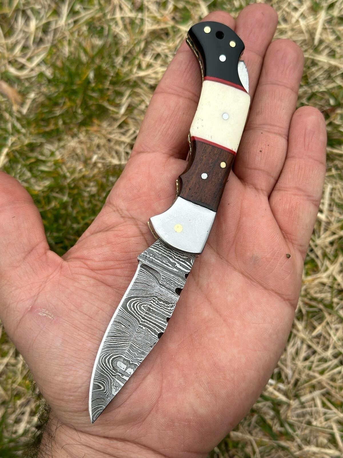 Damascus Steel Folding Blade Pocket Knife Folder Buck Hunting Skinning Sheath