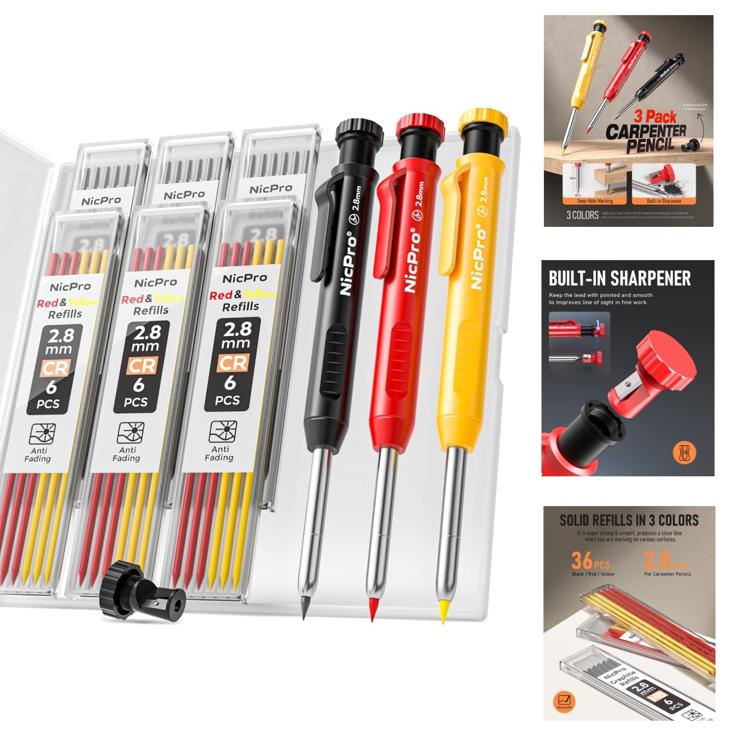 3 Pack Heavy Duty Carpenter Pencil with Sharpener and 39 Refills for Woodworking