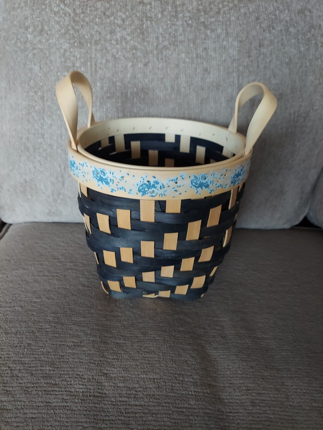 Woven  Basket Tall Bucket Design 2 Handled Navy Blue and Tan Pattern Floral  Rim