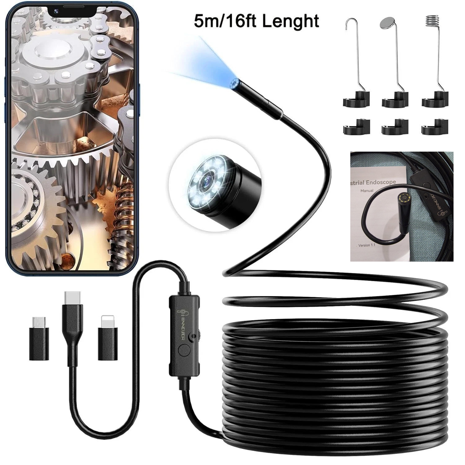 1920P 5M Endoscope Camera with Light,HD Borescope Camera for iOS Android,8 LED,i