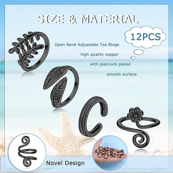12PCS Adjustable Beach Foot Jewelry Set Copper Toe Ring Multiple Styles Black