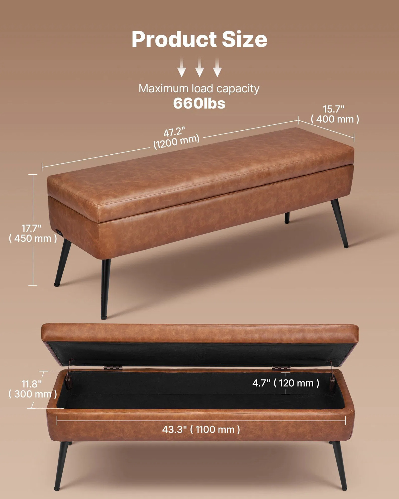 Leather Storage Ottoman Bench, PU Leather Bench with Storage and Metal Legs, Mod