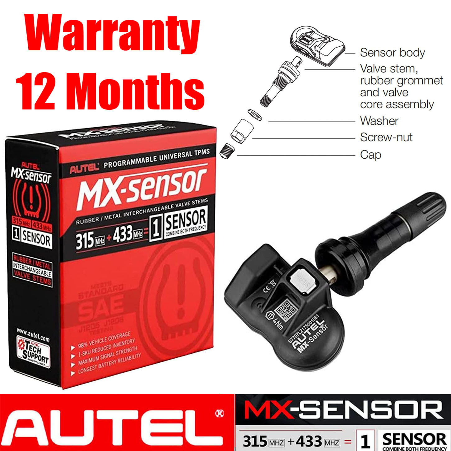 Autel Sensor TPMS MX-Sensor 315MHz433MHz Programmable Tire Sensor Warranty 1Year