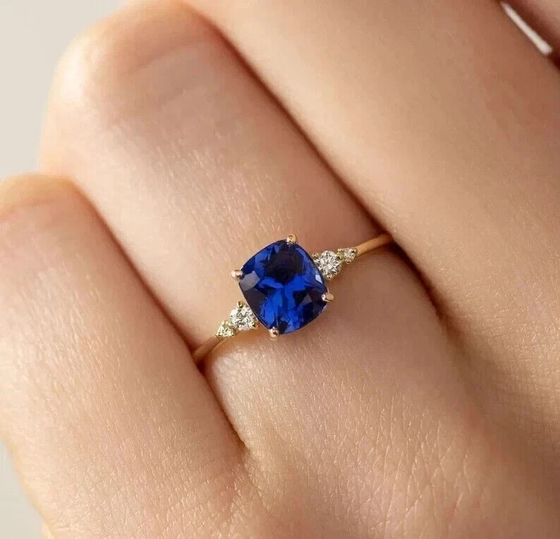 2Ct Cushion Cut Lab-Created Blue Sapphire Engagement Ring 14K Yellow Gold Plated