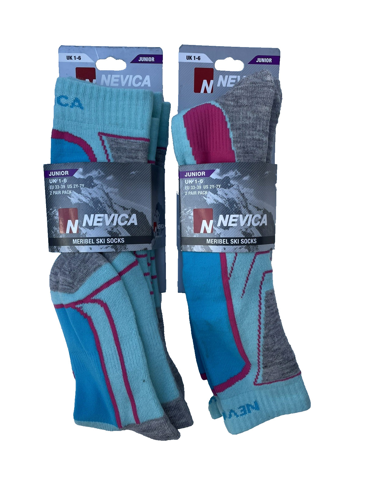 JUNIOR NEVICA MERIBEL 4PK SKI SOCKS AQUA SIZE 1-6 BREATHABLE-SHIN PROTECTION