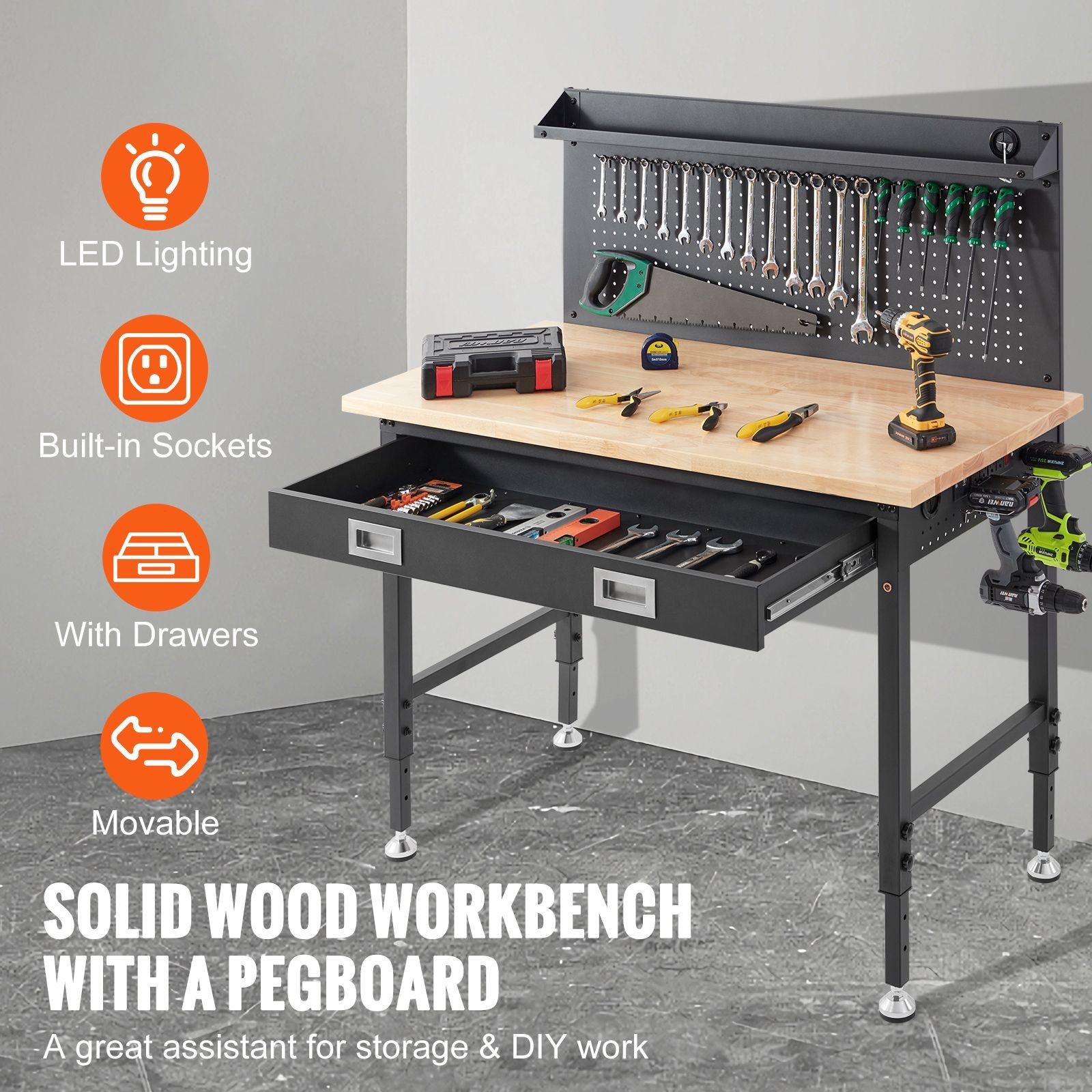 Adjustable Height Oak Workbench 28-39.5in 2000lbs Capacity