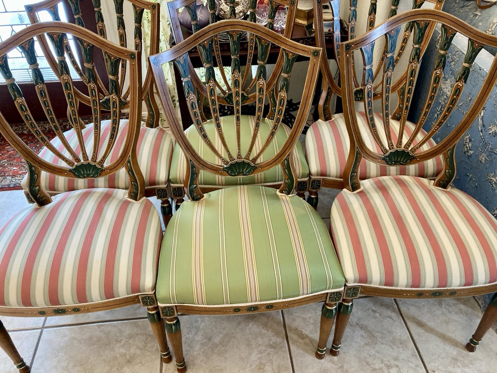 SET 7 Hepplewhite Polychrome Painted Dining Chairs