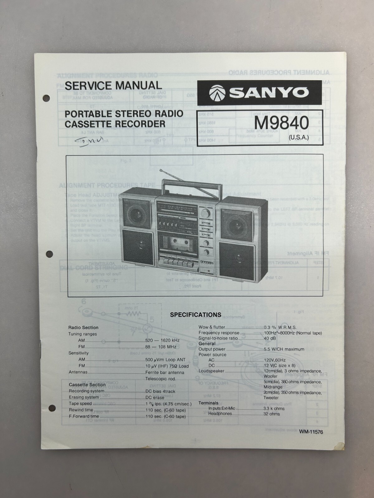 Sanyo M9840 Original Service Manual Free Shipping