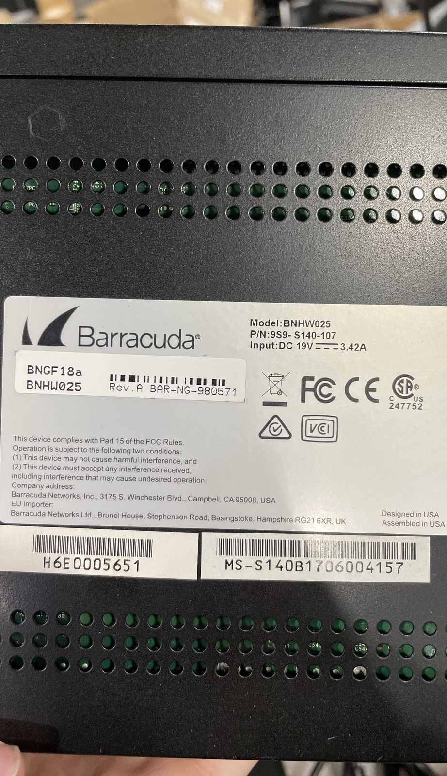 Barracuda NextGen Firewall F18 BNGF18a BNHW025 Security Appliance