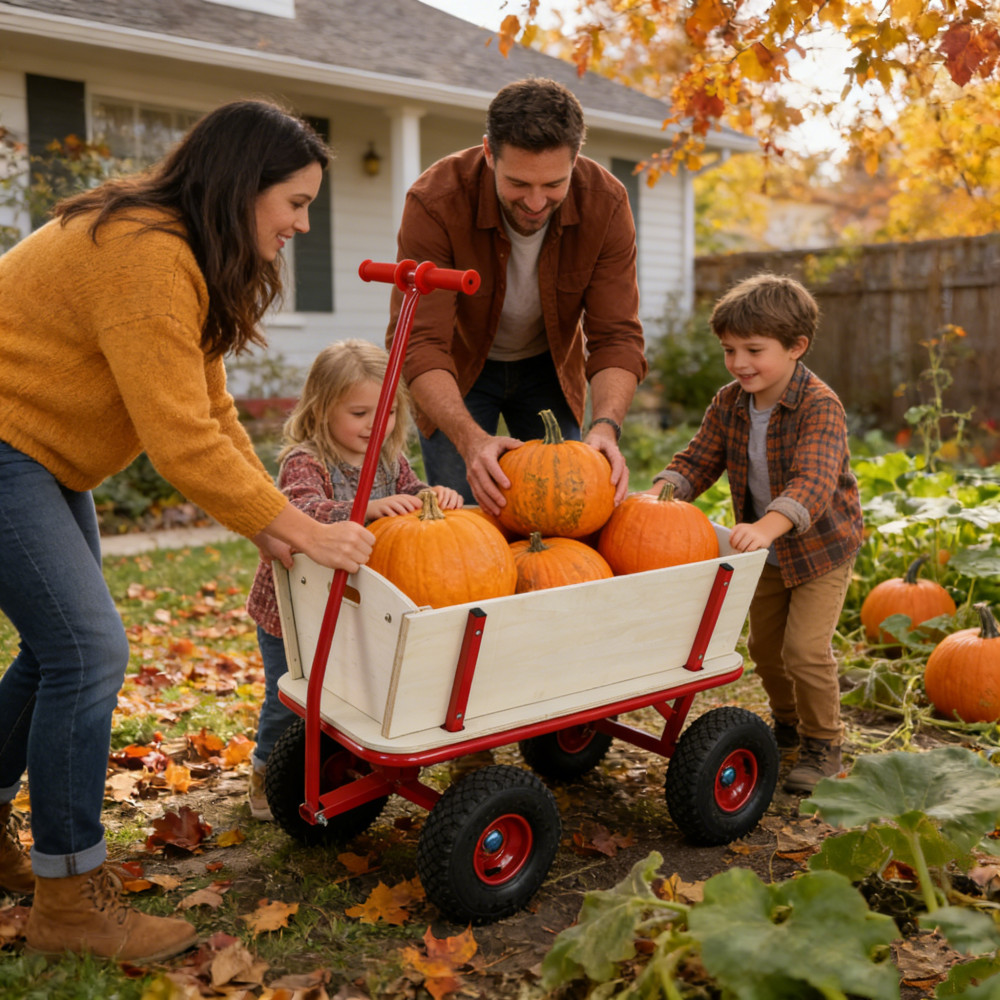 Kids Wooden Toy Wagon Red Outdoor Hauler - 260 lbs Load Capacity