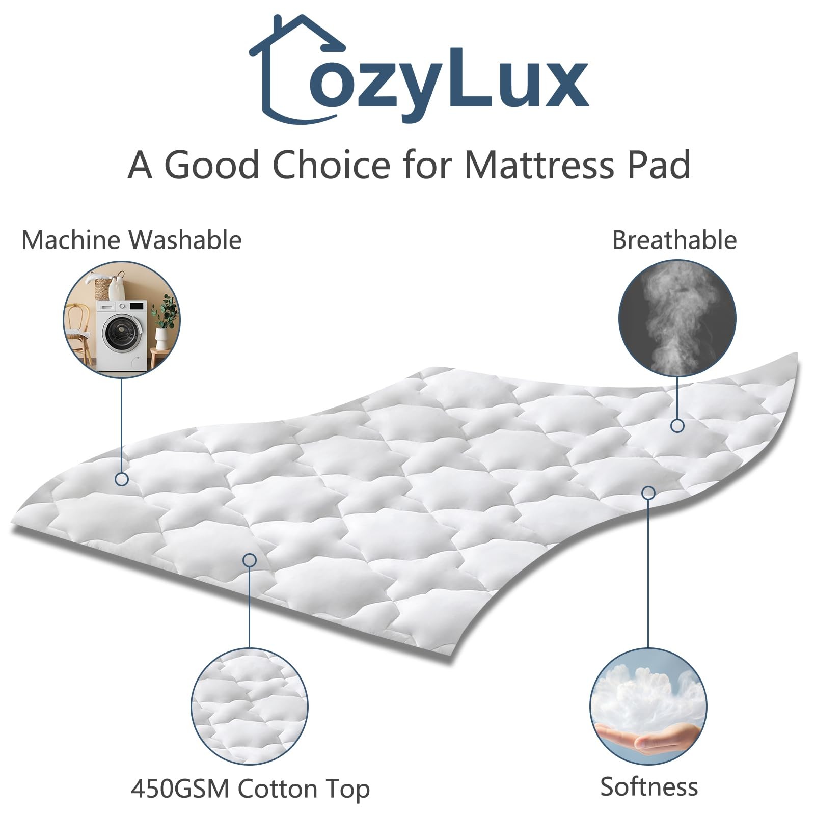 CozyLux California King Mattress Pad - (72x84 inches), White