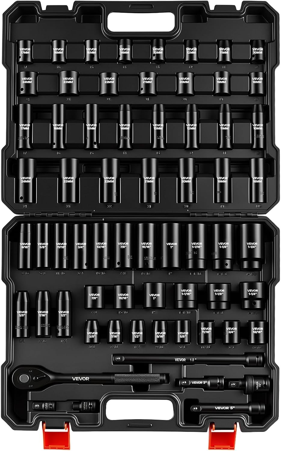 1/2" Drive Impact Socket Set, 65 Piece Socket Set SAE 3/8" to 1-1/4" and Metric