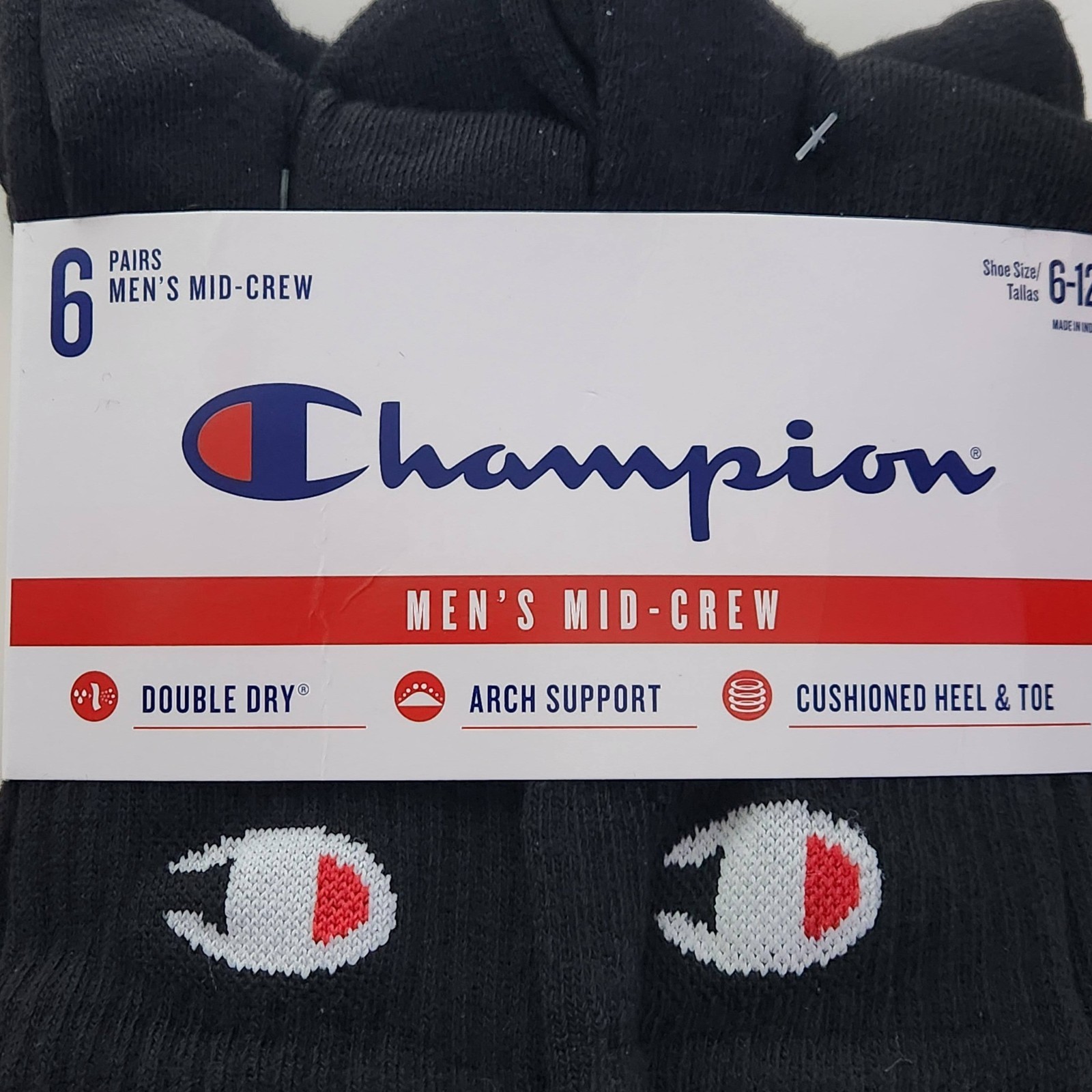 Champion Mens Mid-Crew Socks Black 6 Pack ~ Size 6 to 12 ~ NEW