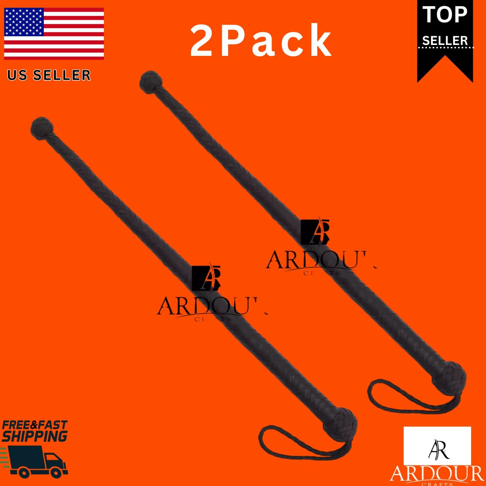2-Pack Genuine Leather Bull Whip 23 Inch 8-Plait Heavy Duty Black Whip
