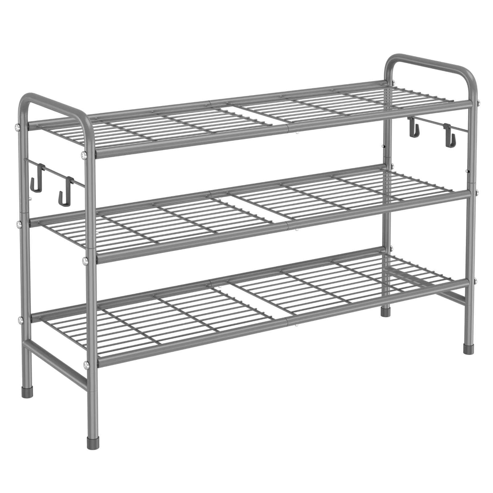 3 Tier Grey Metal Shoe Rack, 33 Wide Organizer, 4 Side Hooks, Shoe Storage